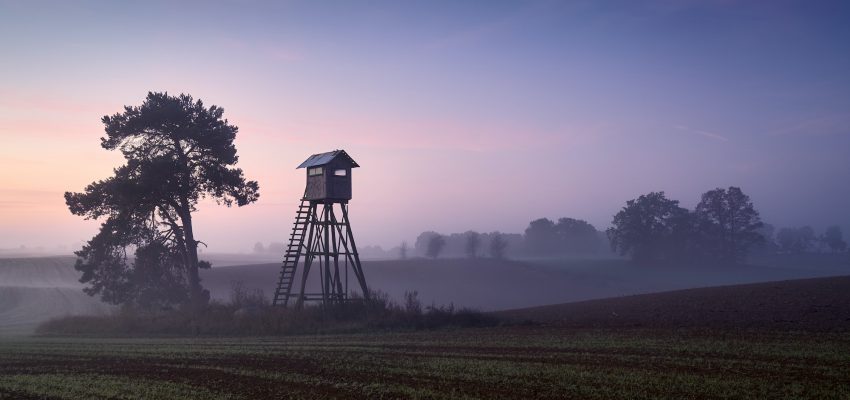 Deer hunting tower on a field in Autumn at dawn.